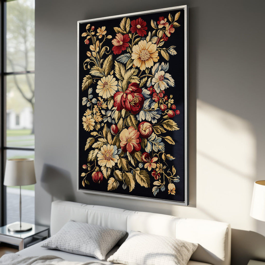 Framed Wall Art featuring a floral tapestry design. Elegant botanical print with a dark background, red, yellow, and blue color palette, perfect for bedroom decor.