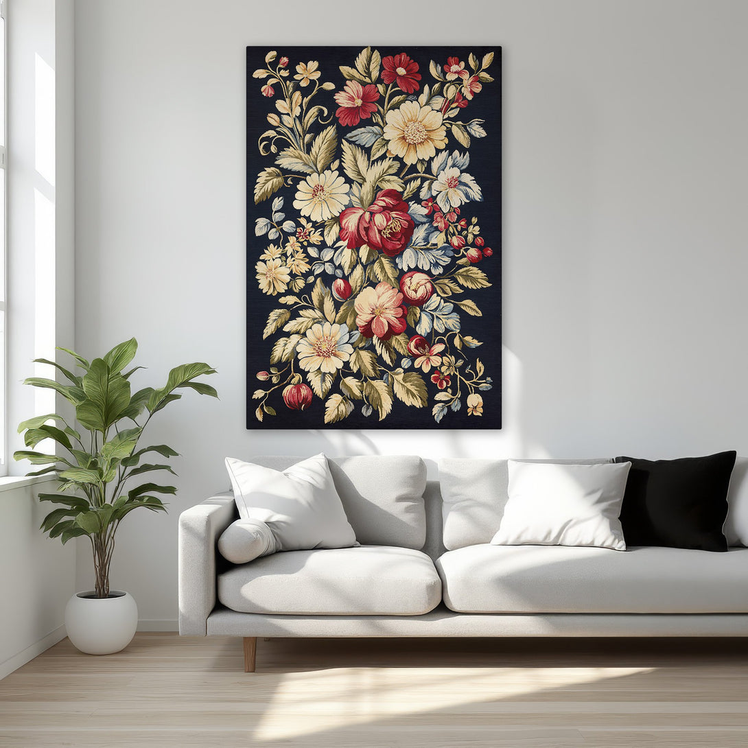 Framed Wall Art: Elegant floral canvas print with a dark background, featuring vibrant red, yellow, and cream blooms. Perfect for adding a touch of luxury to any space.