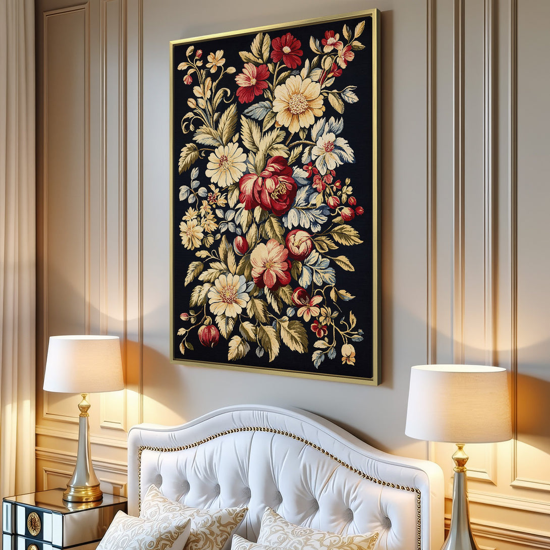 Canvas Print featuring a floral design in a vintage style. Rich red, yellow, and blue blooms on a dark background. Perfect wall art for any room!