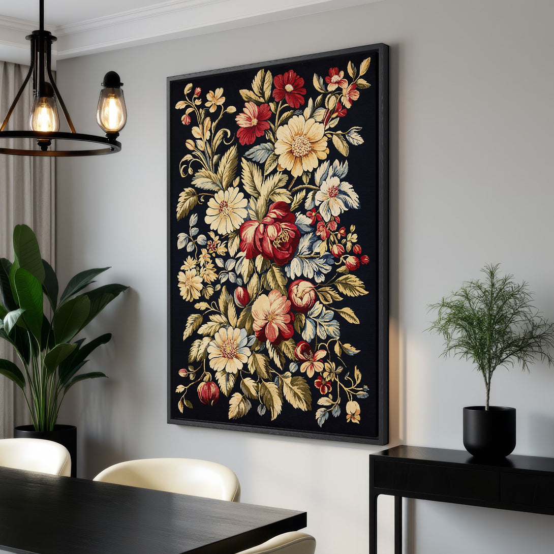 Framed Wall Art featuring a floral design in a vintage style. Rich red, yellow, and blue hues pop against a dark background, perfect for adding elegance to any space.