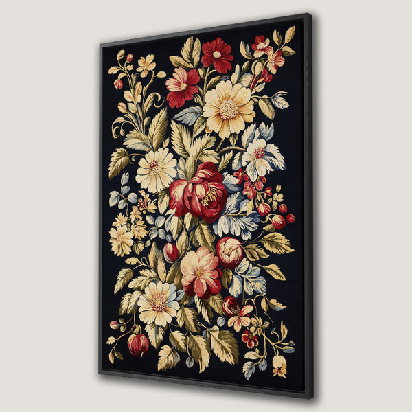 Framed Wall Art featuring a vibrant floral tapestry design with red, yellow, and blue hues on a dark background. Perfect for adding elegance to any space.
