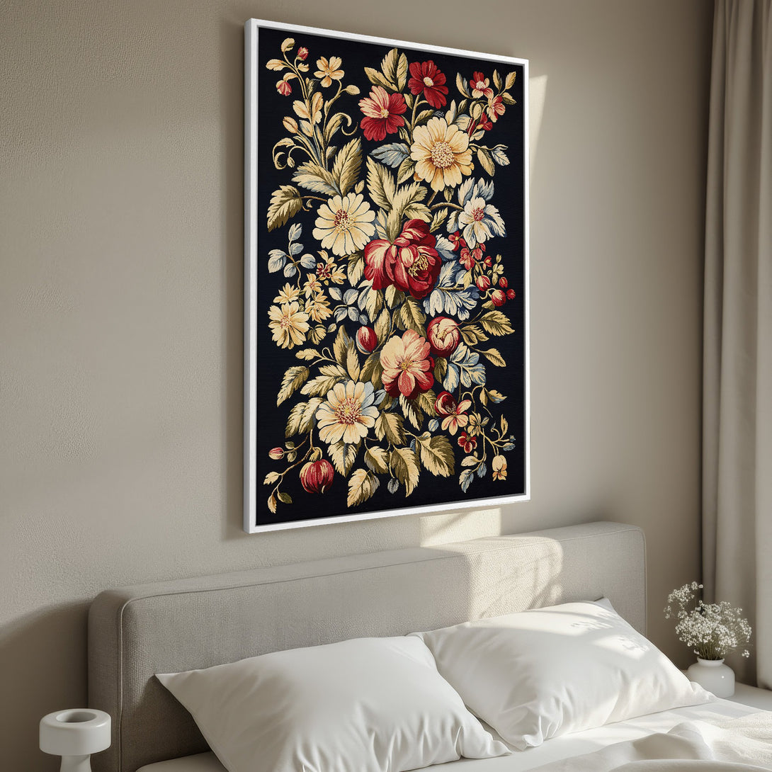 Framed Wall Art featuring a vibrant floral design with red, yellow, and blue tones. Adds a touch of elegance to any bedroom. Shop now!
