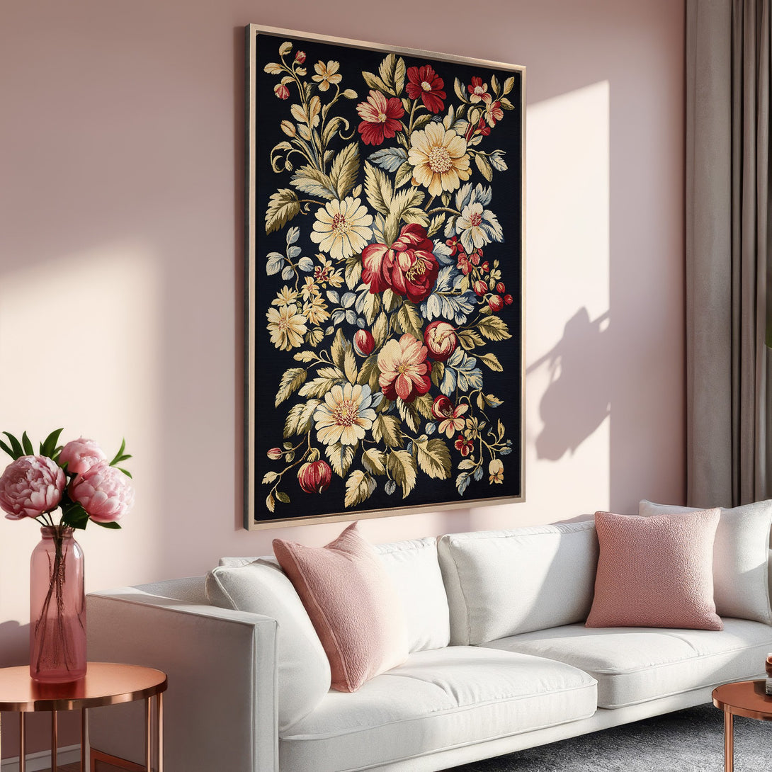 Framed Wall Art featuring a floral tapestry design. Elegant, vintage style with a dark background and a warm, inviting color palette of reds, yellows, and greens.