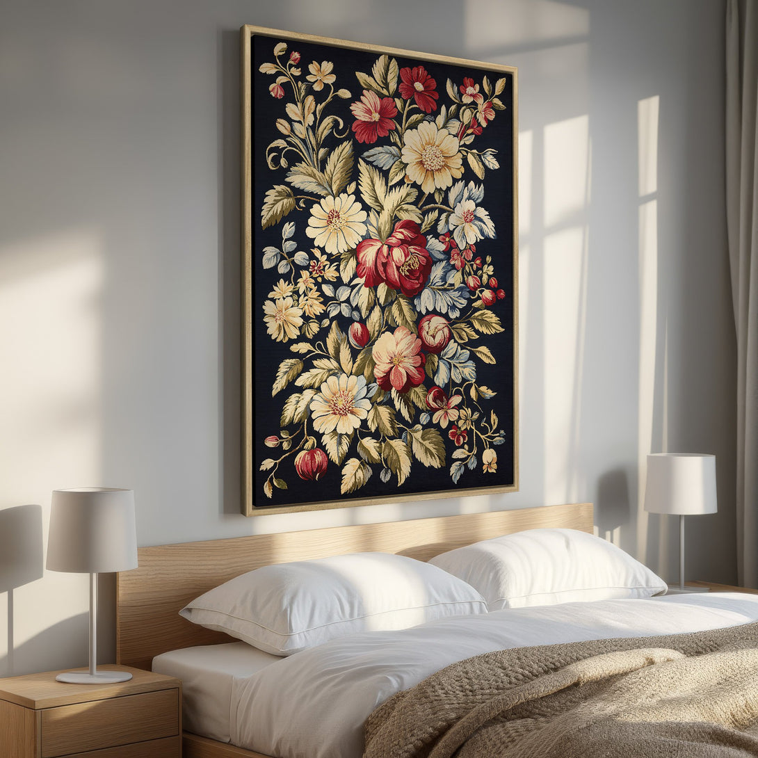 Framed Wall Art featuring a vibrant floral tapestry in a bedroom. Rich reds, yellows, and blues pop against a dark background. Elevate your space with this elegant Canvas Print.
