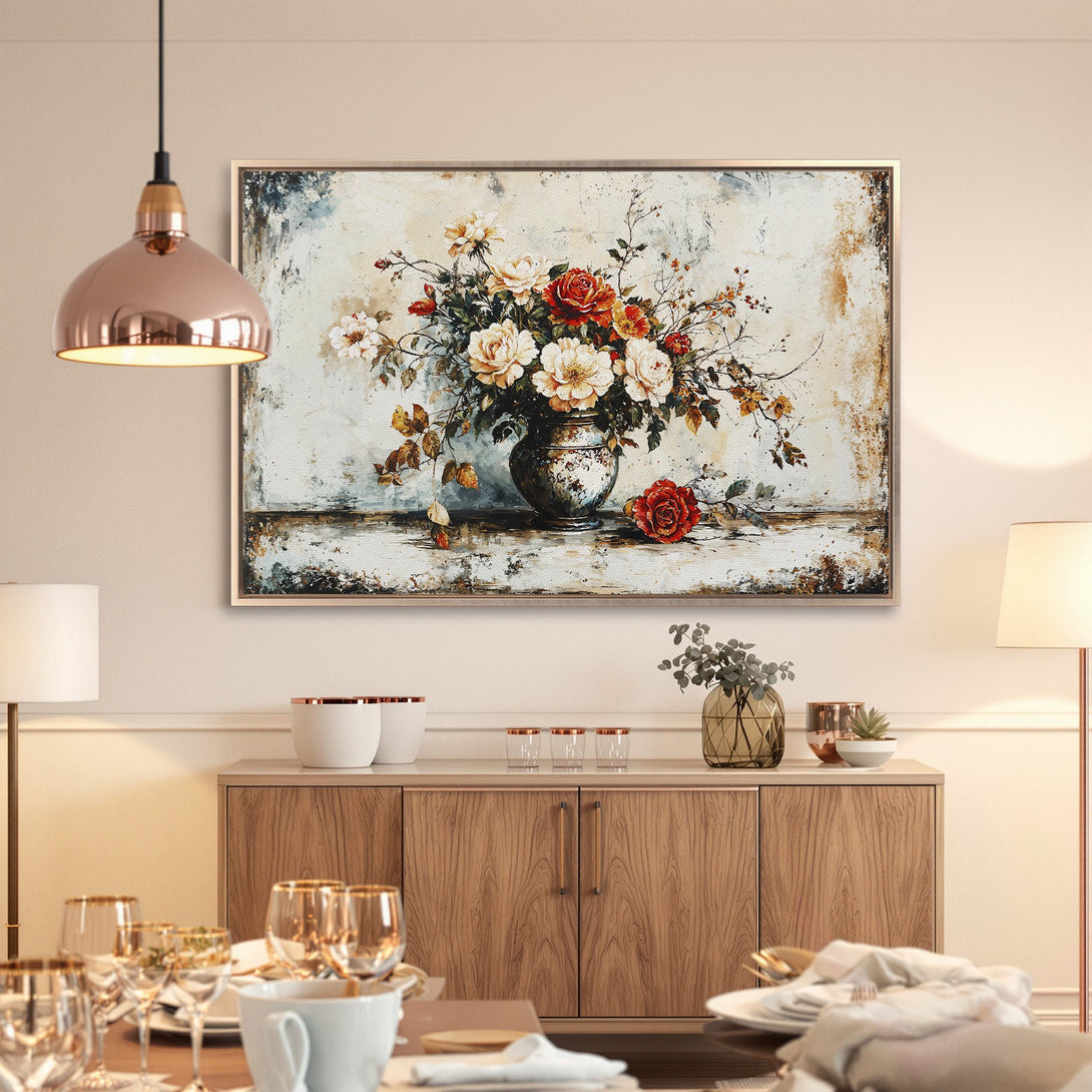 Framed Wall Art featuring a floral still life in a vintage style with warm, neutral tones. Perfect for adding elegance to any dining room.