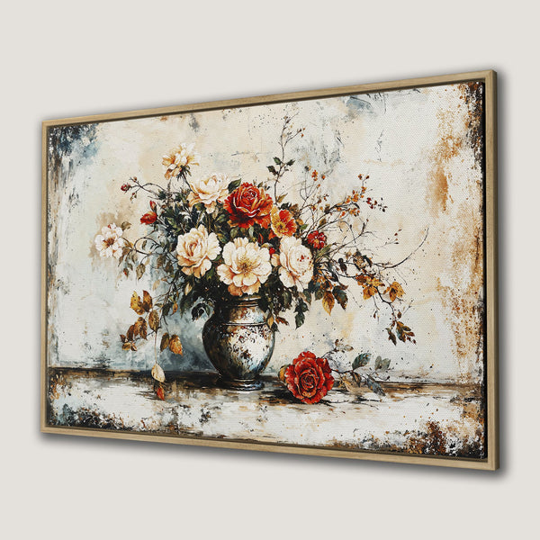 Framed Wall Art: Floral still life Canvas Print in warm tones. Featuring roses in a vase with a rustic, vintage style. Perfect for home decor.