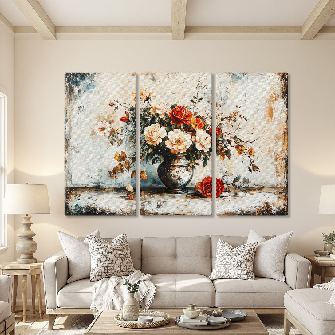 Canvas Print of floral artwork in warm tones. Rustic style with roses in a vase, perfect for living room decor.