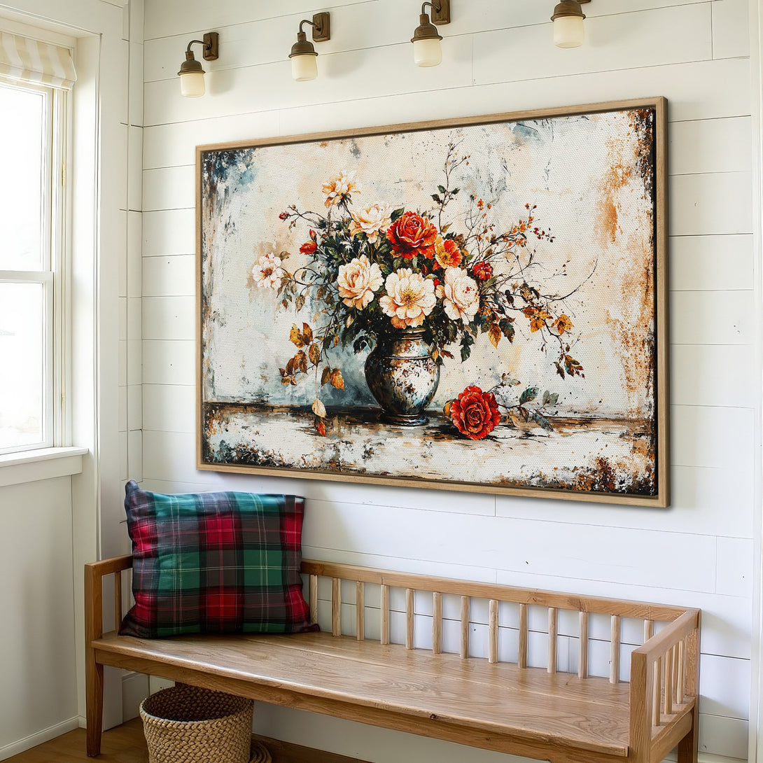 Framed Wall Art: Vintage floral bouquet canvas print in warm tones, perfect for farmhouse decor. Adds a touch of elegance to any space.
