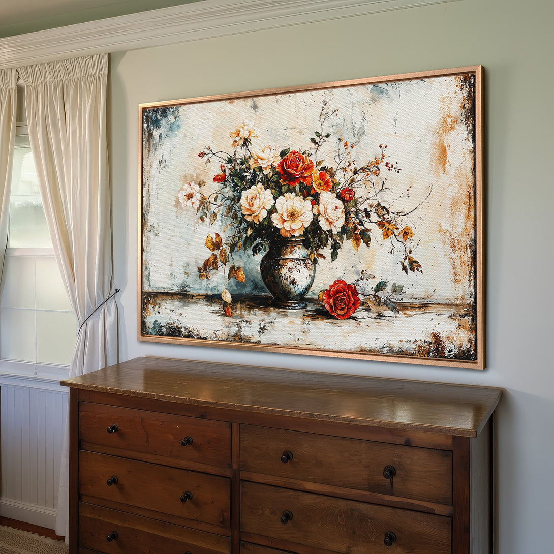 Framed Wall Art: Elegant floral still life Canvas Print in warm tones. Perfect home decor accent with a vintage aesthetic.