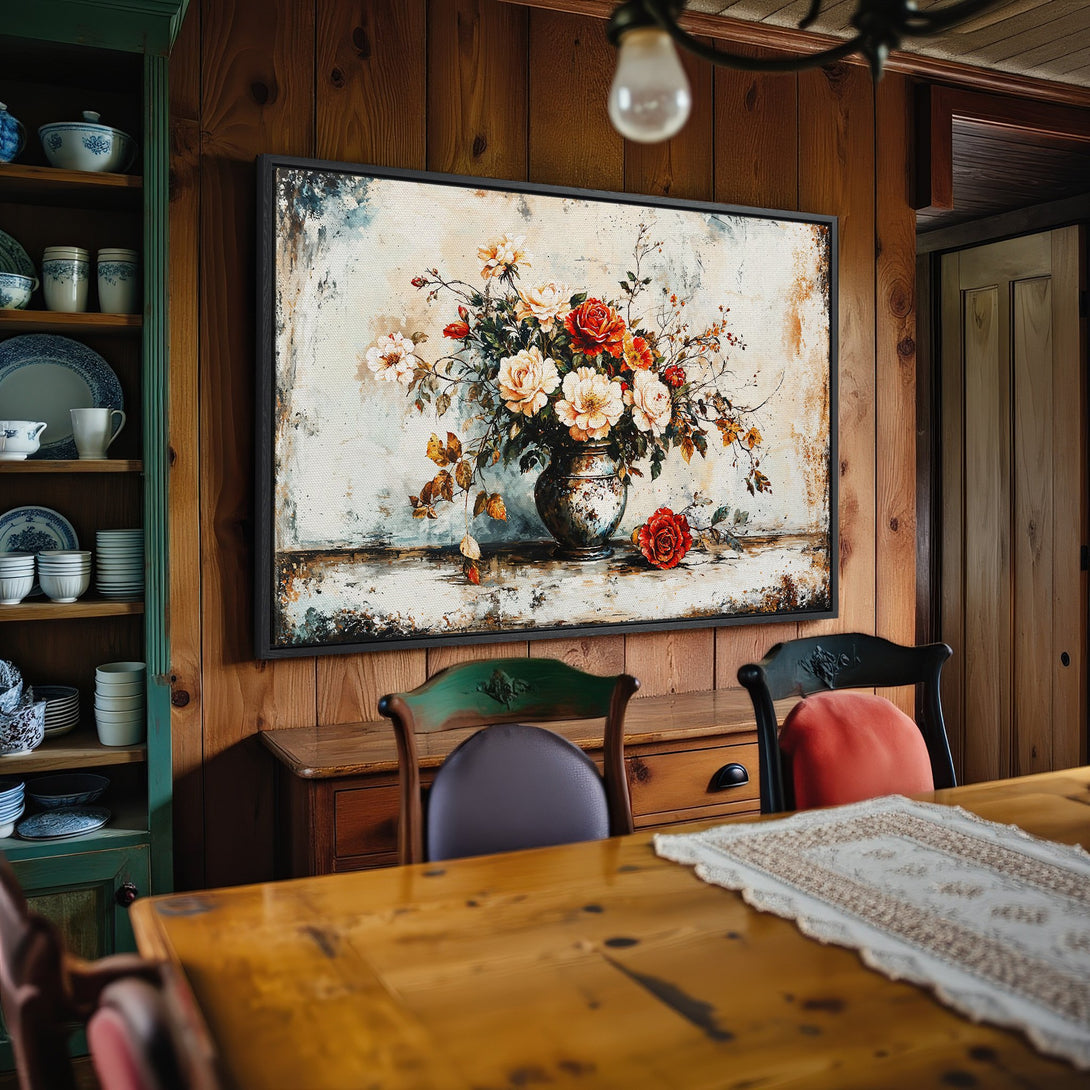 Framed Wall Art: Floral still life Canvas Print with warm tones, perfect for rustic decor. Featuring roses in a vase, adding a touch of elegance.
