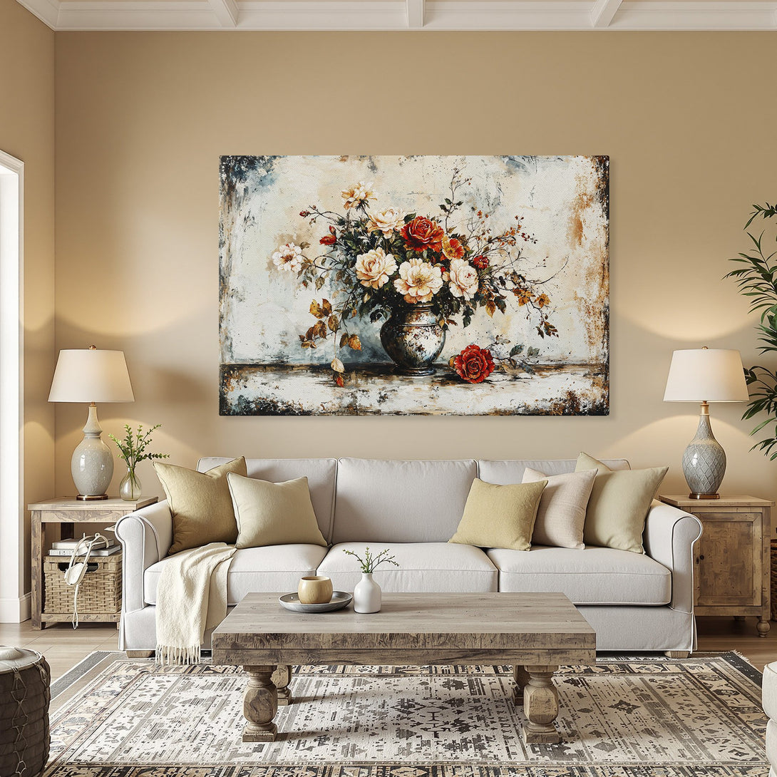 Framed Wall Art: Elegant floral still life Canvas Print with warm, earthy tones. Perfect for adding a touch of sophistication to any room.