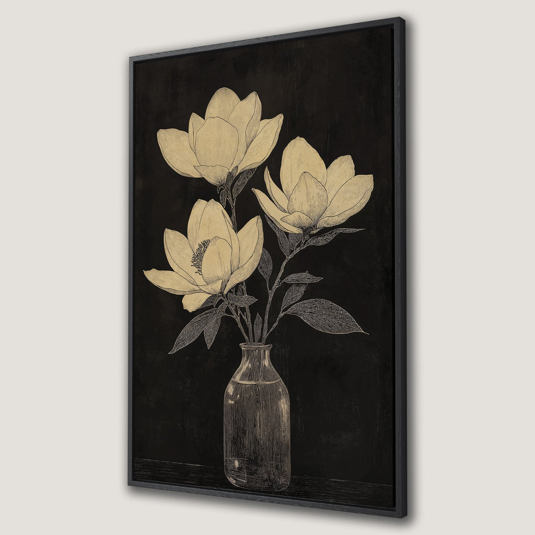 Framed Wall Art featuring a vintage floral illustration. Elegant magnolia flowers in beige tones against a black background. Perfect for adding a touch of sophistication.