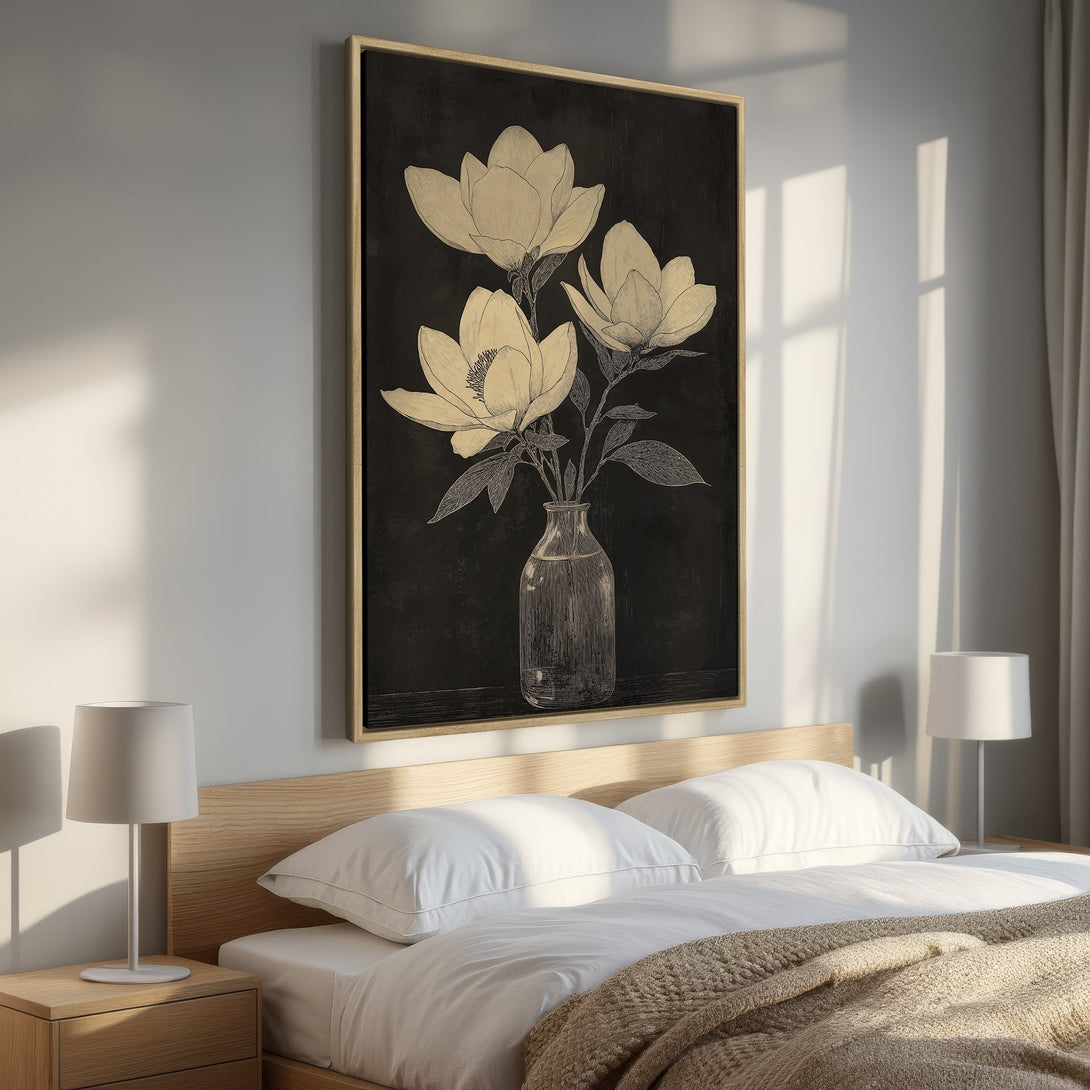 Framed Wall Art: Elegant magnolia flower print in neutral tones. Perfect bedroom decor. Black, beige, and gold color palette. Enhance your space with this art piece.