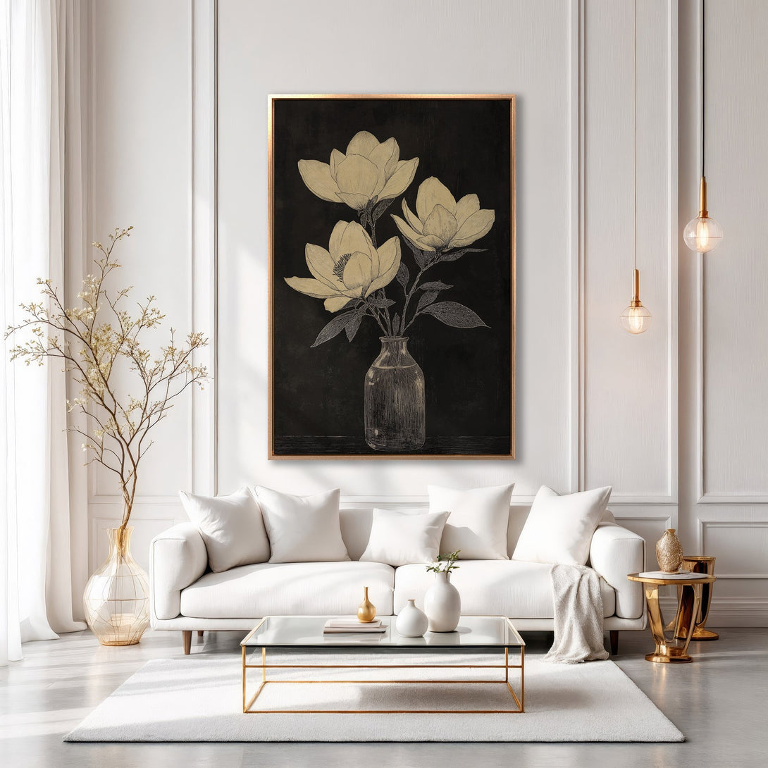 Framed Wall Art featuring elegant magnolia flowers in a vase. Neutral color palette with gold accents. Perfect for modern home decor.