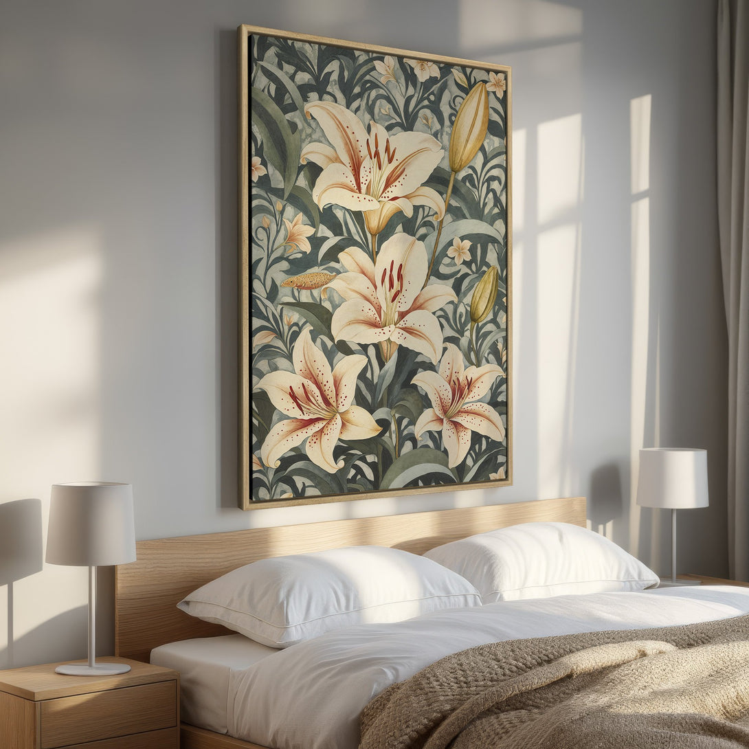 Framed Wall Art featuring elegant lily floral design in a muted green and cream color palette. Perfect for adding a touch of nature to your bedroom decor.