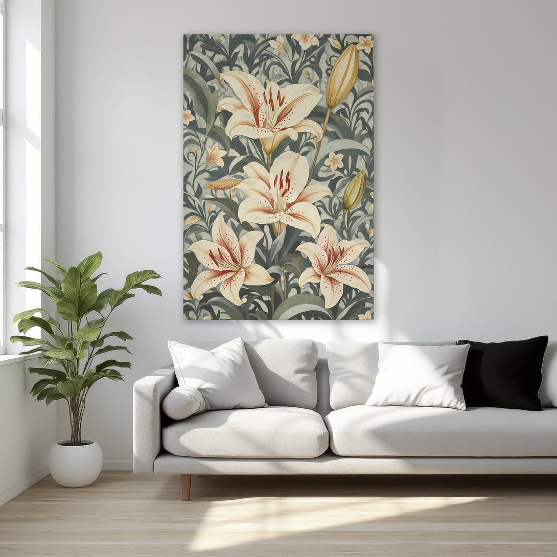 Framed Wall Art featuring elegant lily flowers in a vintage style, with a muted green, cream, and gold color palette, perfect for bedroom decor.