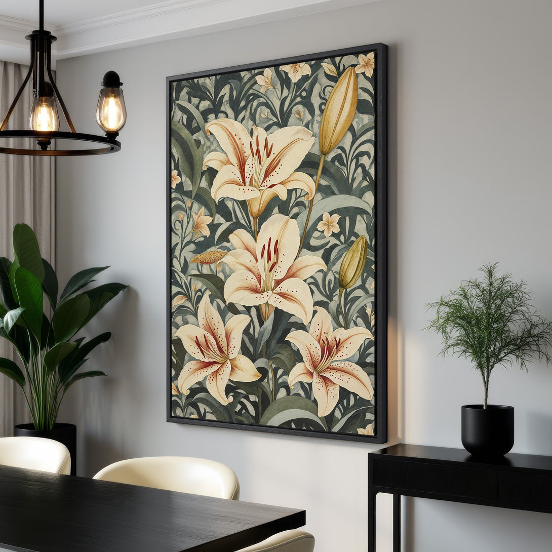 Framed Wall Art featuring elegant lily floral design in a vintage style. Earthy tones of cream, green, and brown create a sophisticated look. Perfect for any interior!
