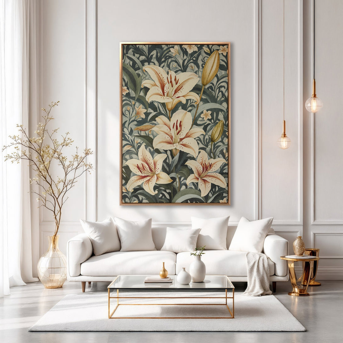 Framed Wall Art featuring elegant lily floral design in a vintage style. Soft ivory, green, and gold color palette, perfect for home decor.