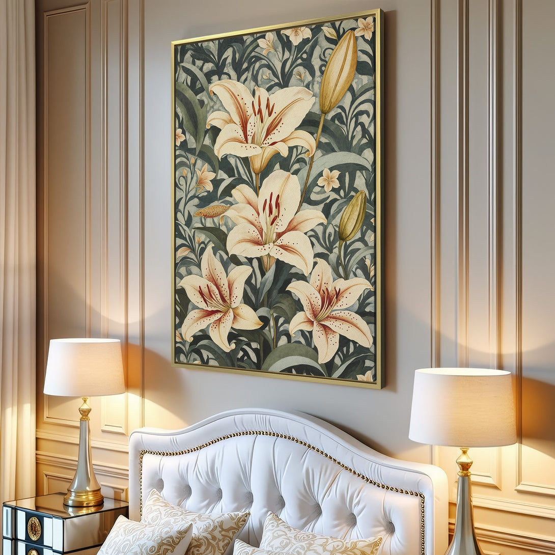 Canvas Print: Elegant floral art featuring creamy lilies on a muted green background. Perfect for adding a touch of nature & sophistication to your home decor.
