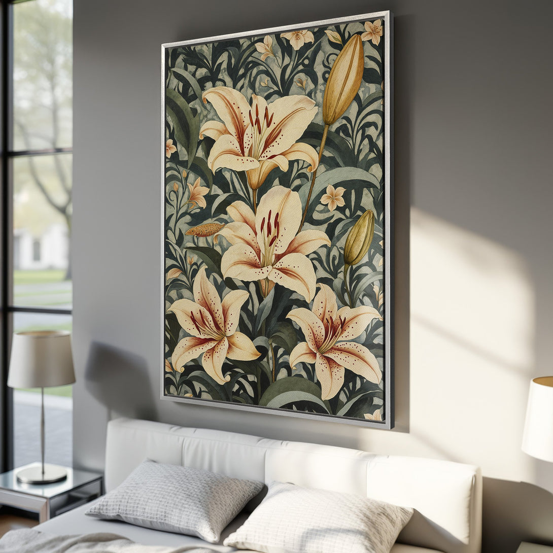 Framed Wall Art featuring elegant lily floral print in a vintage style. Earthy green, cream, and brown color palette. Perfect for bedroom decor.