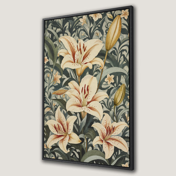 Framed Wall Art featuring elegant lily floral print in a vintage style. Earthy tones of cream, green, and muted red create a calming aesthetic. Perfect for home decor.