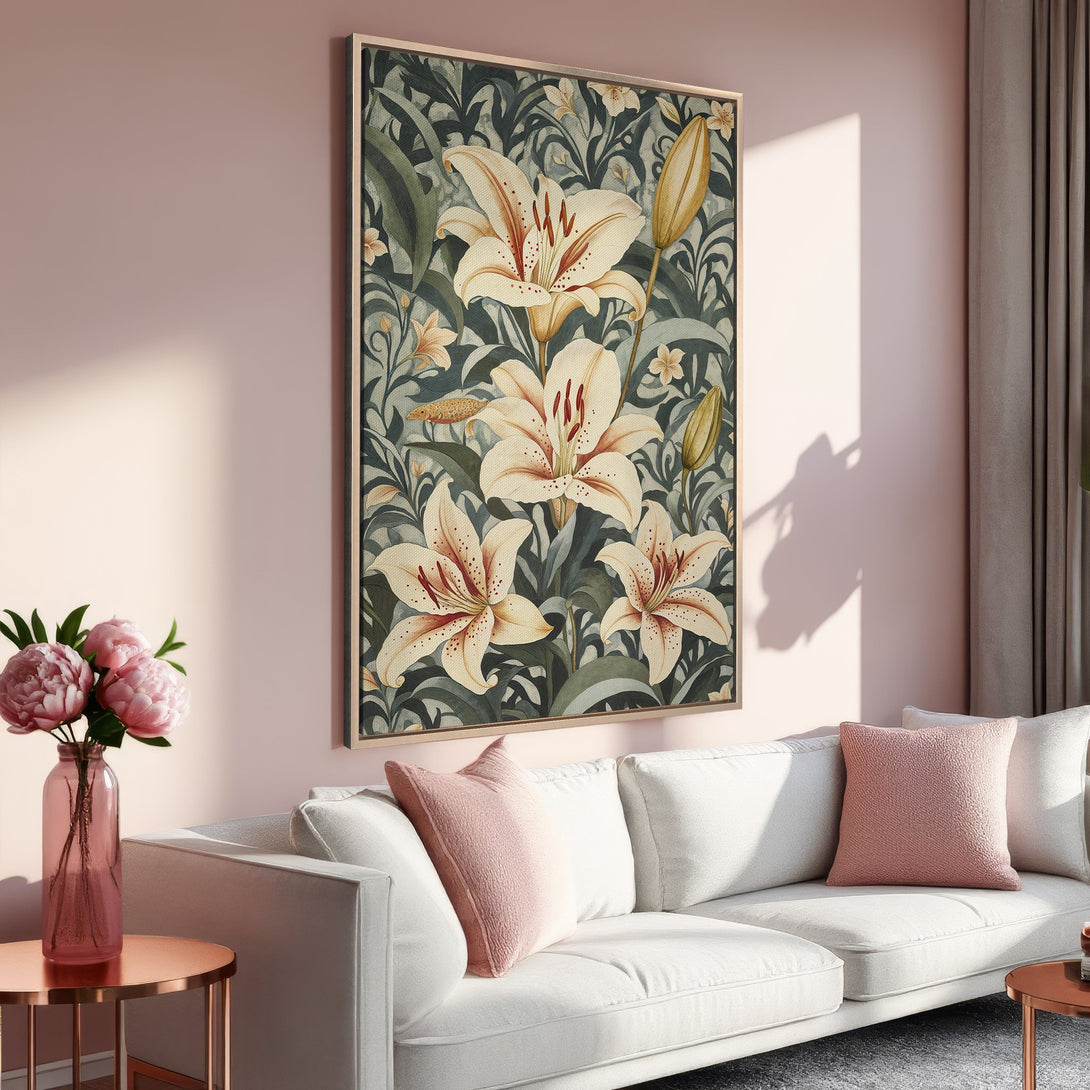 Framed Wall Art featuring elegant lily floral design. Soft, neutral color palette with cream, green, and pink tones. Perfect for adding a touch of nature to your home decor.