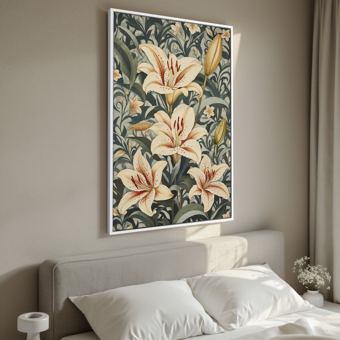 Framed Wall Art featuring elegant lily floral design in a vintage style with a muted green and cream color palette, perfect for bedroom decor.