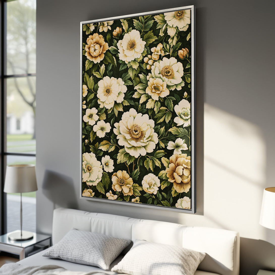Framed Wall Art featuring a floral pattern in a vintage style. The canvas print showcases a dark green background with cream and gold flowers. Perfect for bedroom decor.