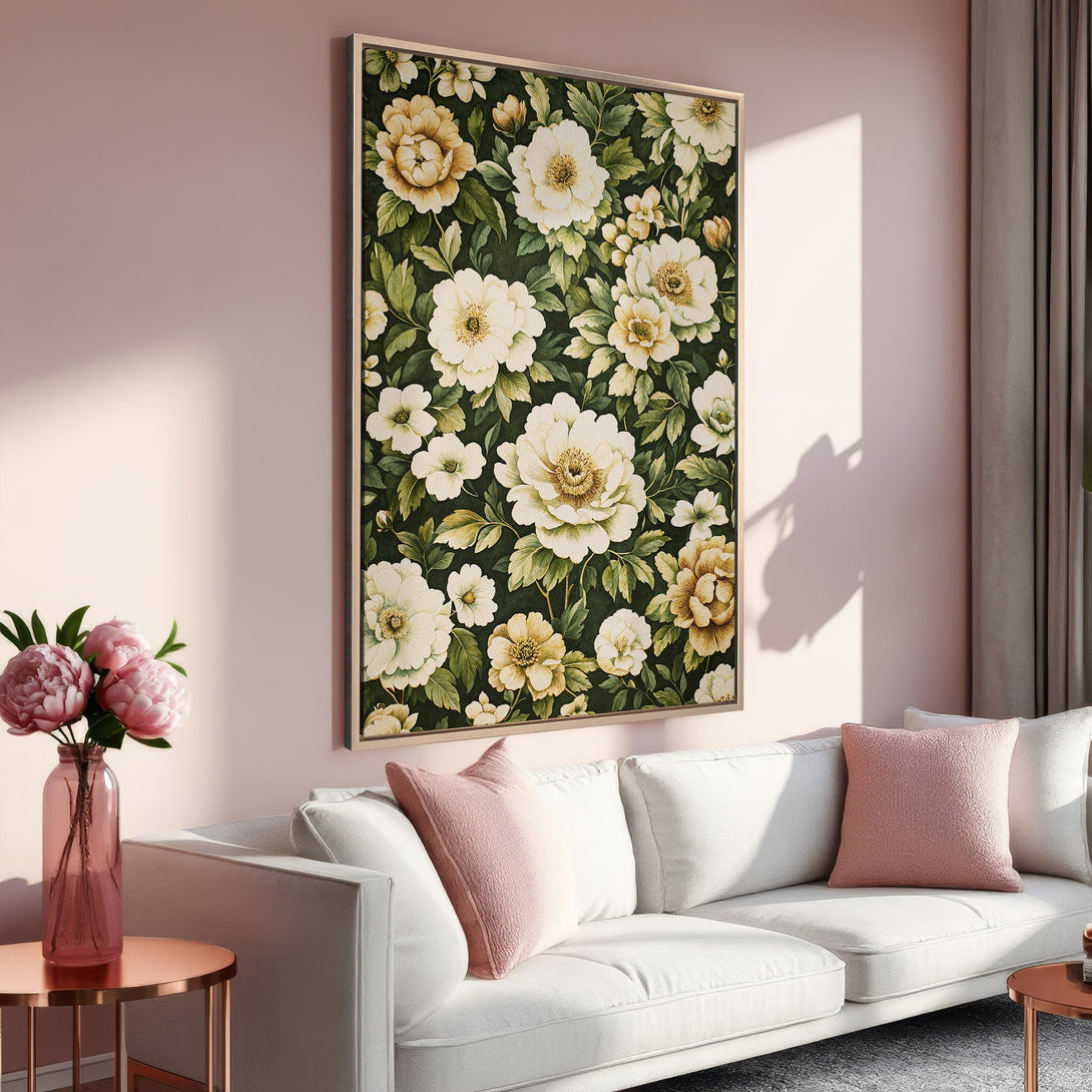 Framed Wall Art featuring a floral design in a vintage style, with white, yellow, and green hues. Perfect for adding a touch of elegance to any space.