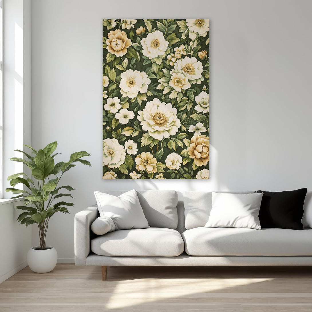 Framed Wall Art featuring a floral pattern in a classic style. The Canvas Print showcases a dark green background with white and gold flowers, adding elegance to any space.
