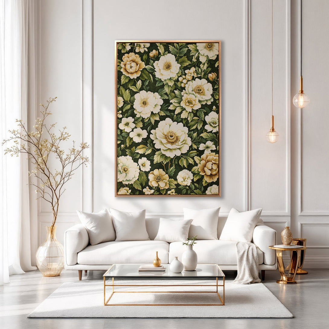 Framed Wall Art featuring a floral pattern in white, cream, and green hues. Elegant botanical print adds a touch of sophistication to any interior.