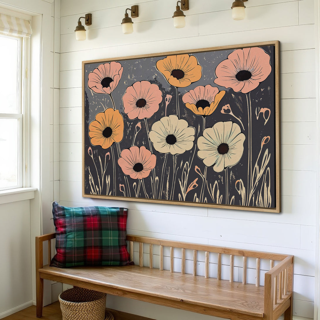 Framed Wall Art featuring floral design in muted pinks, oranges, and creams on a dark background. Modern farmhouse style canvas print for your home decor.