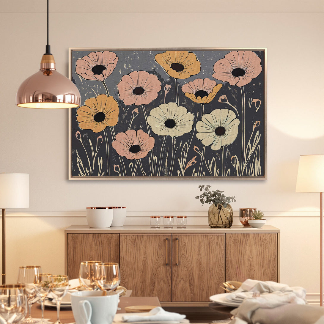 Framed Wall Art featuring floral artwork in a modern style, with a muted color palette of pink, yellow, and gray. Perfect for any interior.