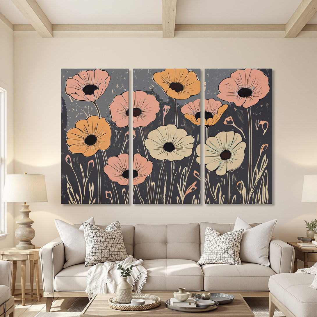 Canvas Print of stylized floral art in a modern interior. Features a muted color palette with pink, orange, and cream flowers on a dark gray background.