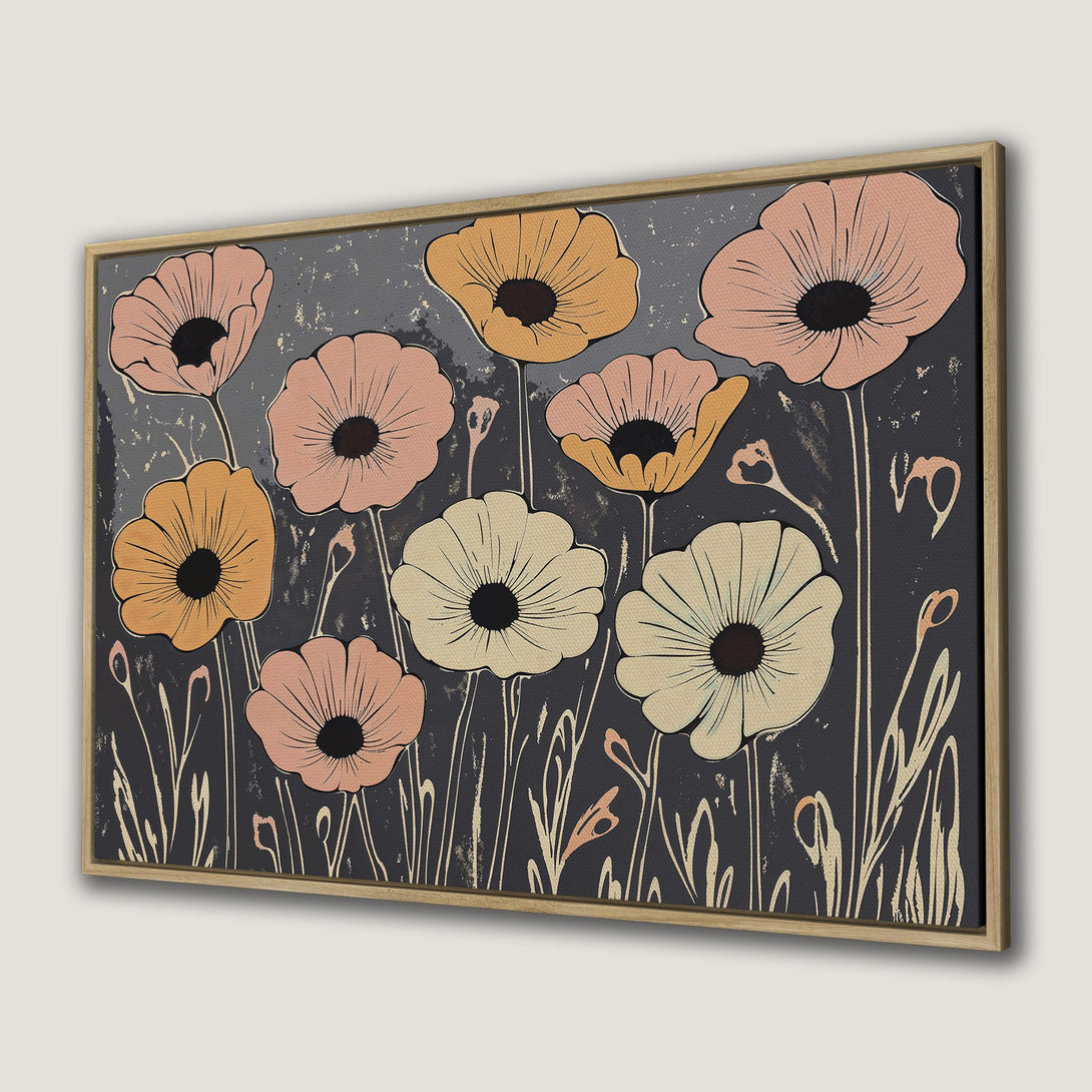 Framed Wall Art: Floral print in a retro style with a muted color palette of pink, orange, and cream on a dark background. Perfect for any room!