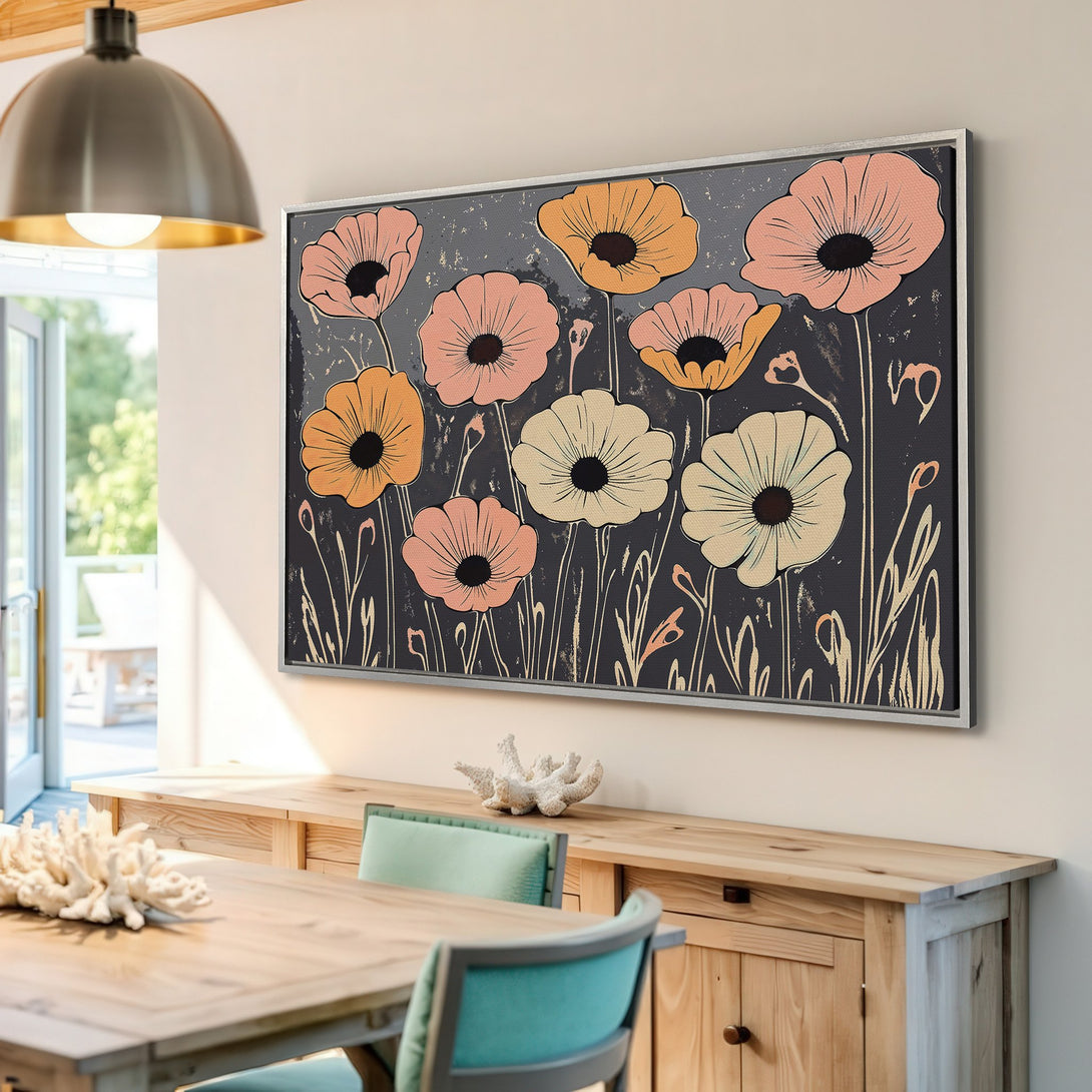 Framed Wall Art featuring stylized poppy flowers in a modern, minimalist style with a muted color palette of peach, cream, and charcoal. Perfect home decor!