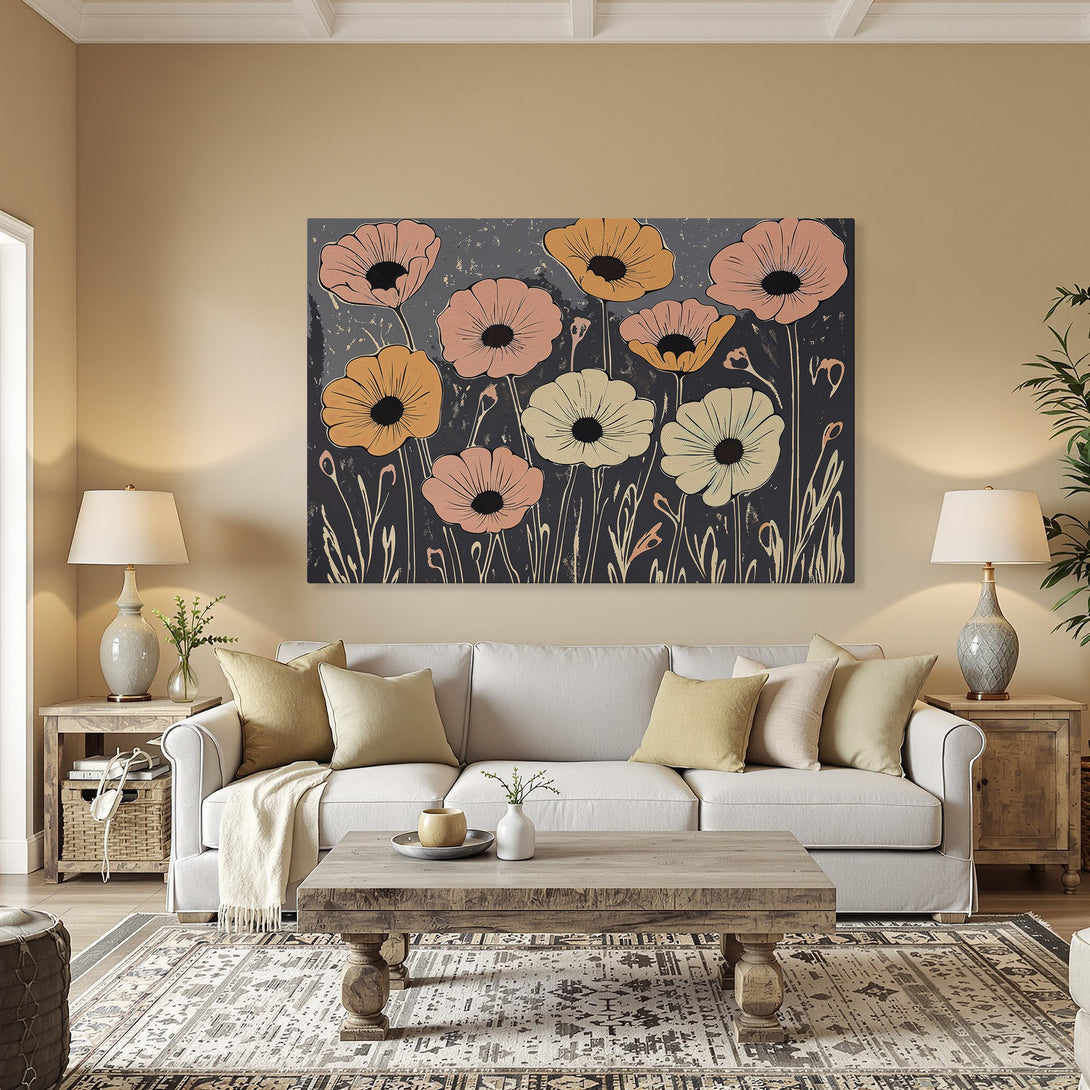 Framed Wall Art: Floral Canvas Print in a dining room. Features stylized poppies in pink, orange, and white on a dark background. Perfect for home decor.