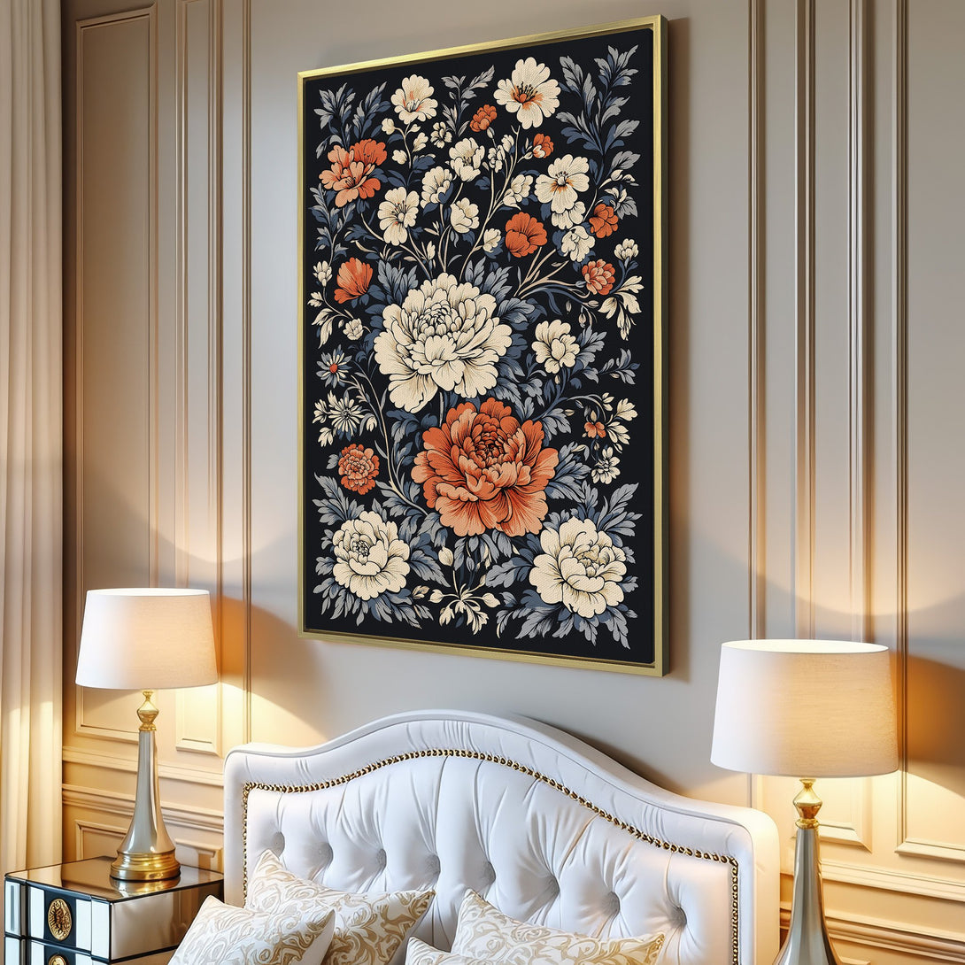 Canvas Print: Floral wall art with a vintage style, featuring cream, orange, and blue flowers on a dark background. Perfect for living room decor.