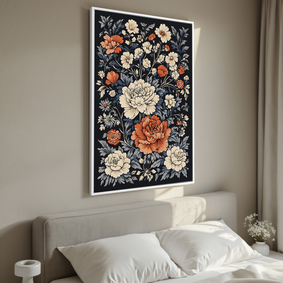 Framed Wall Art: Floral print canvas featuring a vintage botanical design in a black, cream, and burnt orange color palette. Perfect bedroom decor.