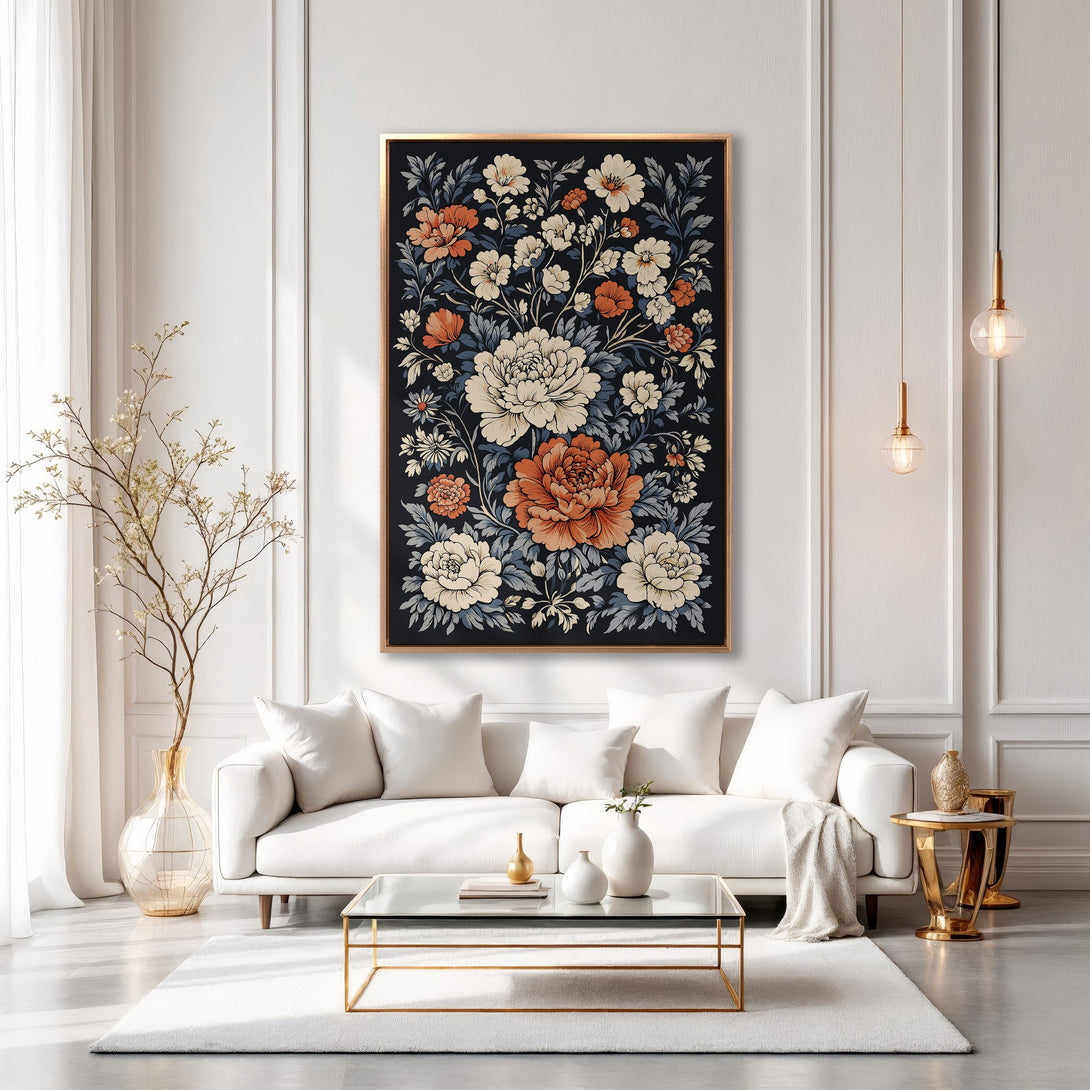 Framed Wall Art: Floral print in warm tones of orange and cream on a dark background. Adds elegance to any interior, perfect for living rooms.