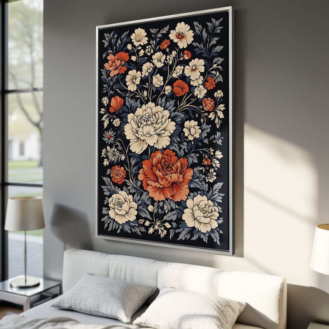 Framed Wall Art featuring a floral design in a vintage style. The canvas print showcases a dark background with cream, orange, and blue flowers, perfect for bedroom decor.