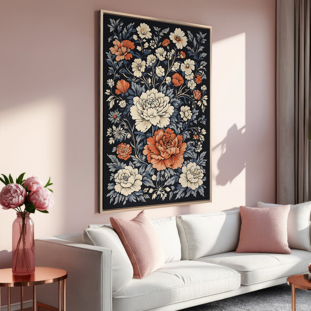 Framed Wall Art featuring a floral design with a dark background. Elegant botanical print in a warm color palette of orange, cream, and blue. Perfect for home decor!