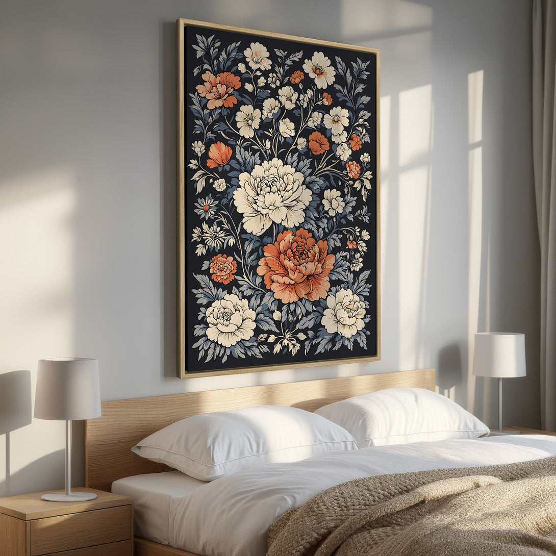 Framed Wall Art: Floral print canvas in a bedroom. Features a dark background with cream, orange, and blue flowers. Perfect for adding a touch of elegance.