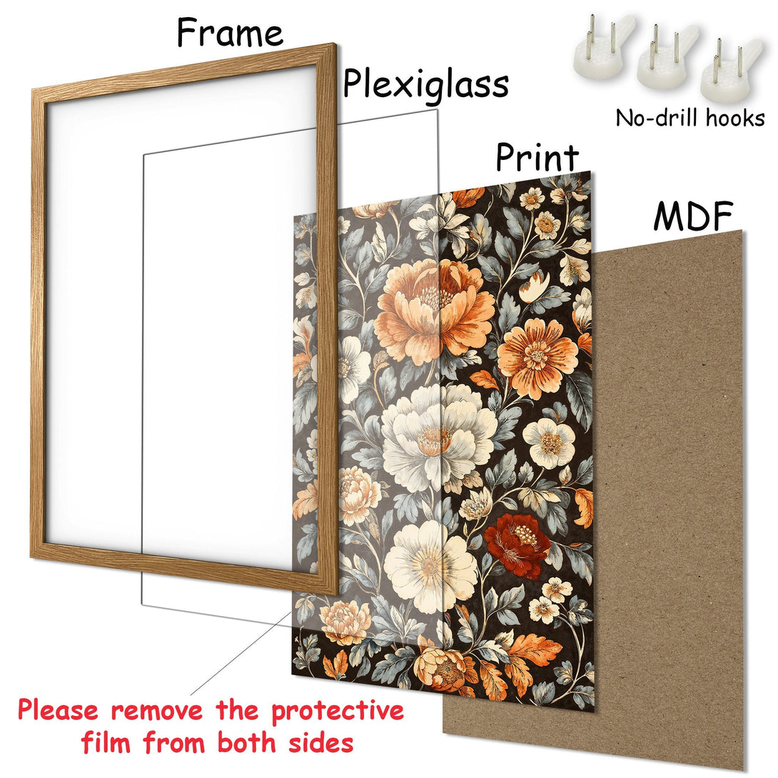 Framed Poster featuring a floral design in a vintage style with a warm, earthy color palette. Ready to hang and elevate your space!