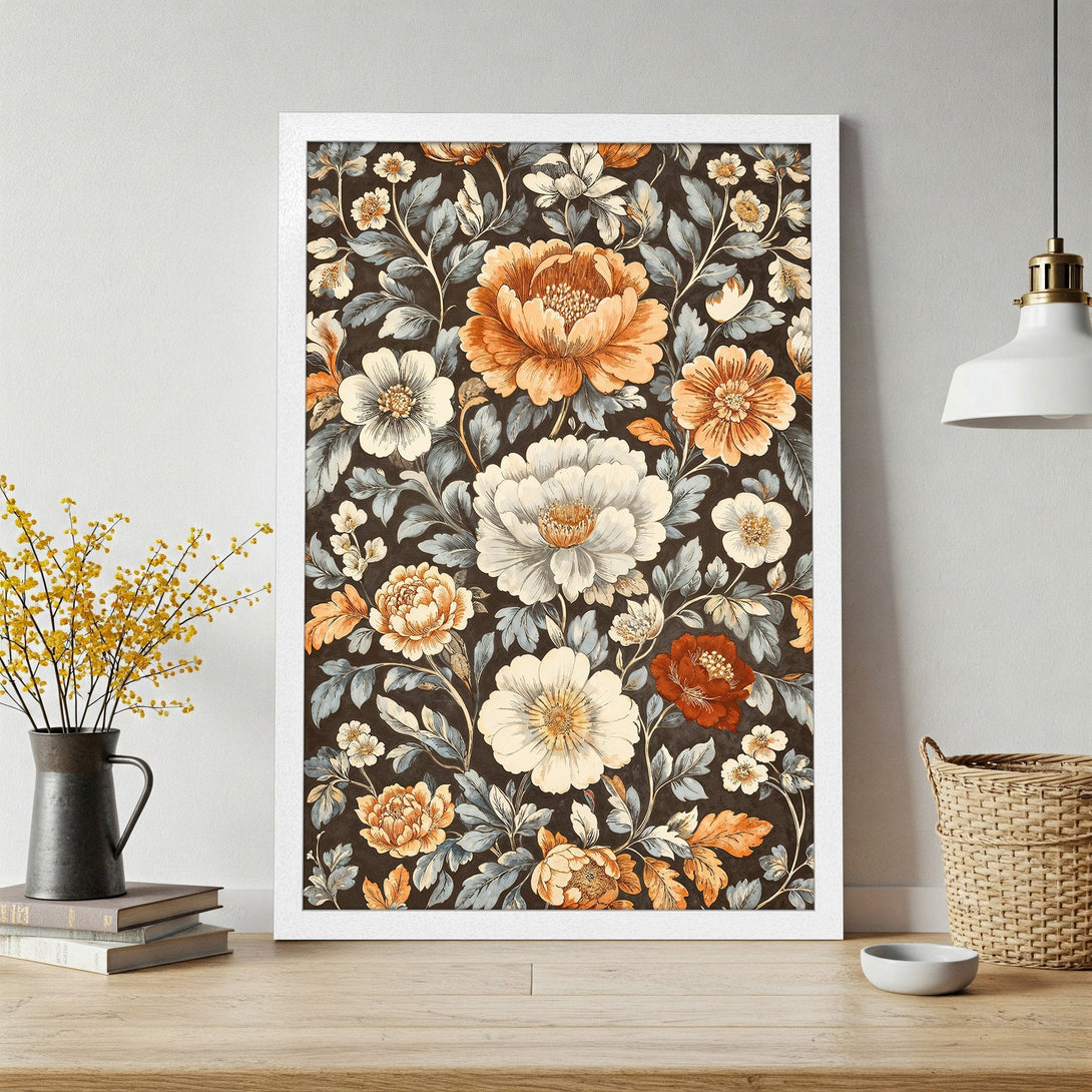 Framed Poster featuring floral art in vintage style with a warm, earthy color palette. Perfect for adding a touch of elegance!