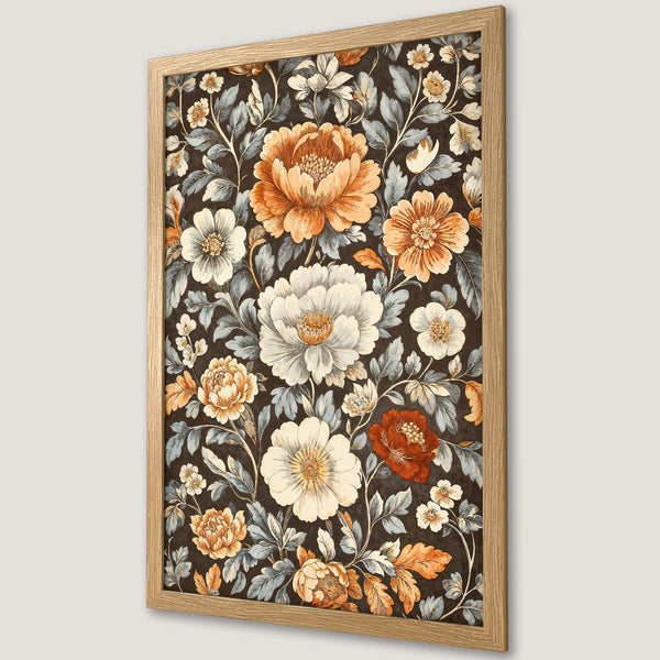 Framed Poster featuring floral design with a vintage style, warm color palette of orange, white, and brown. Perfect wall art for your home!