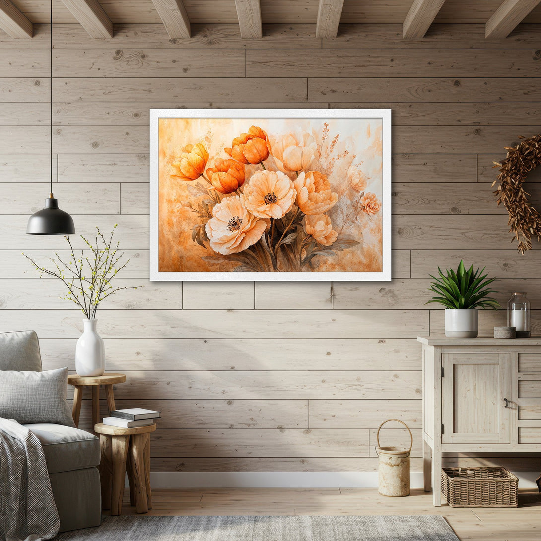 Framed Poster featuring watercolor floral art in warm orange tones, perfect for home decor.