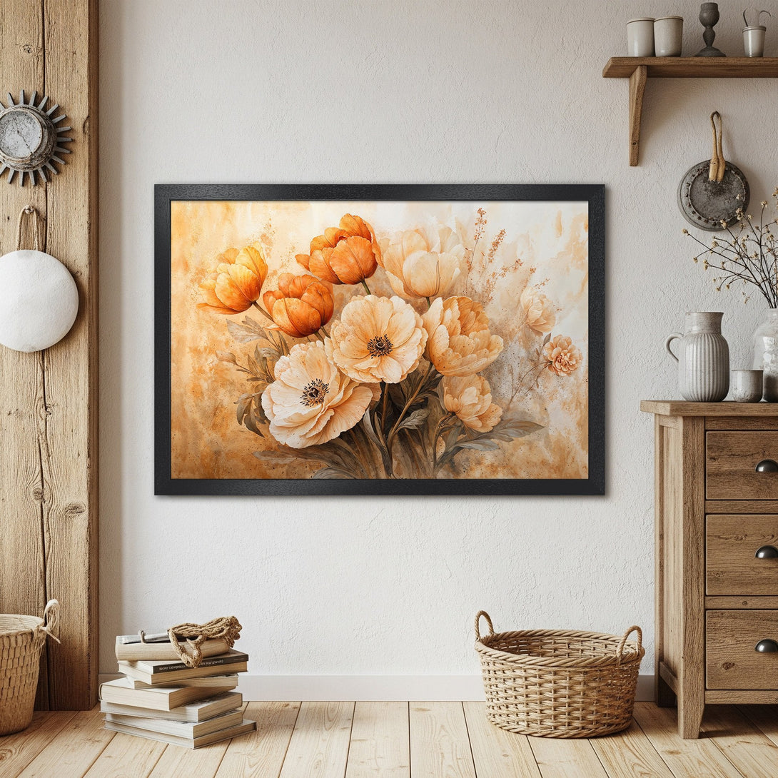 Framed Poster featuring watercolor flowers in warm orange and beige tones, perfect for adding elegance to any space.