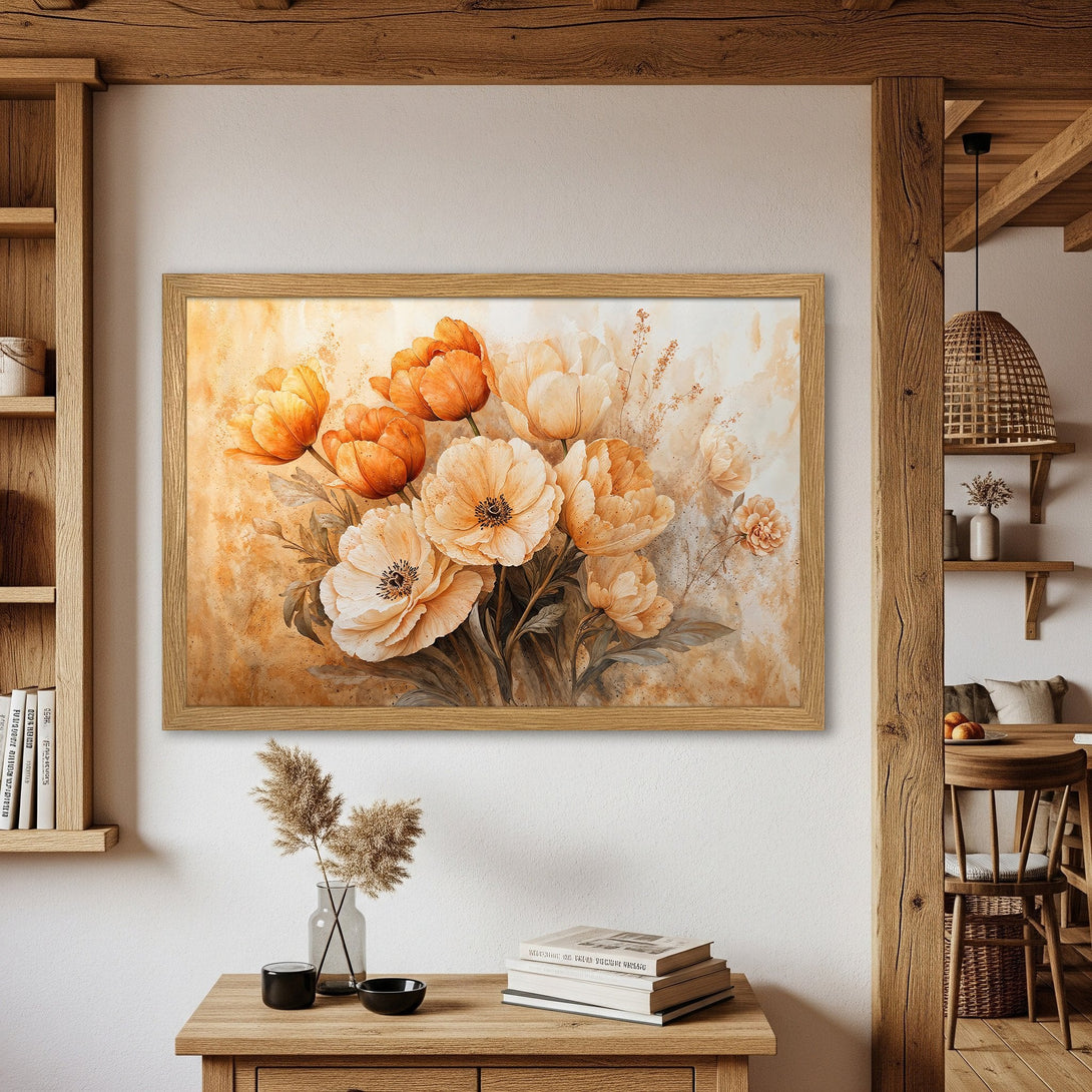 Framed Poster featuring watercolor floral art in warm orange and cream tones, perfect for adding a touch of elegance to any space.
