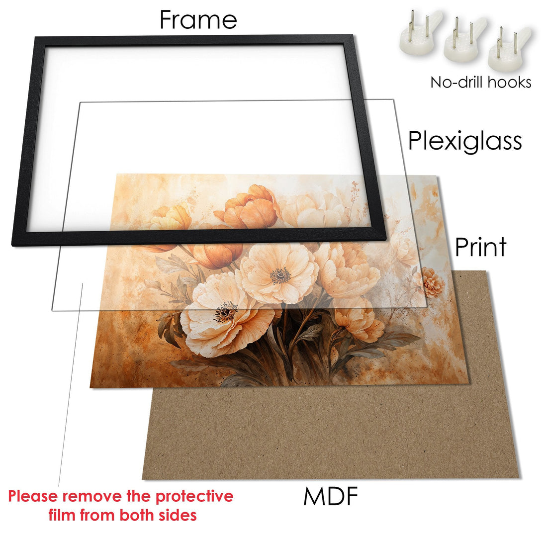 Framed Poster featuring watercolor floral art in warm orange and cream tones. Perfect wall decor for a cozy home.